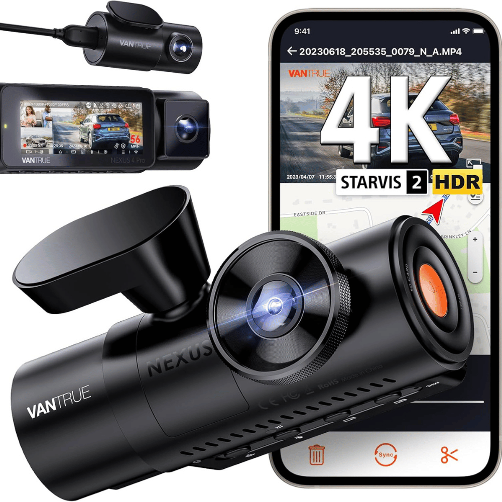 VANTRUE N4 Triple Dashcam Voiture 2.5K+2.5K+1080P, Camera Embarquée 4k HDR 30FPS Avant et Arrière, 3 Canuax 360 Degrés 24h. Mode Parking Jour et Nuit, Vision Nocturne IR, WDR 2.45" Max 512Go